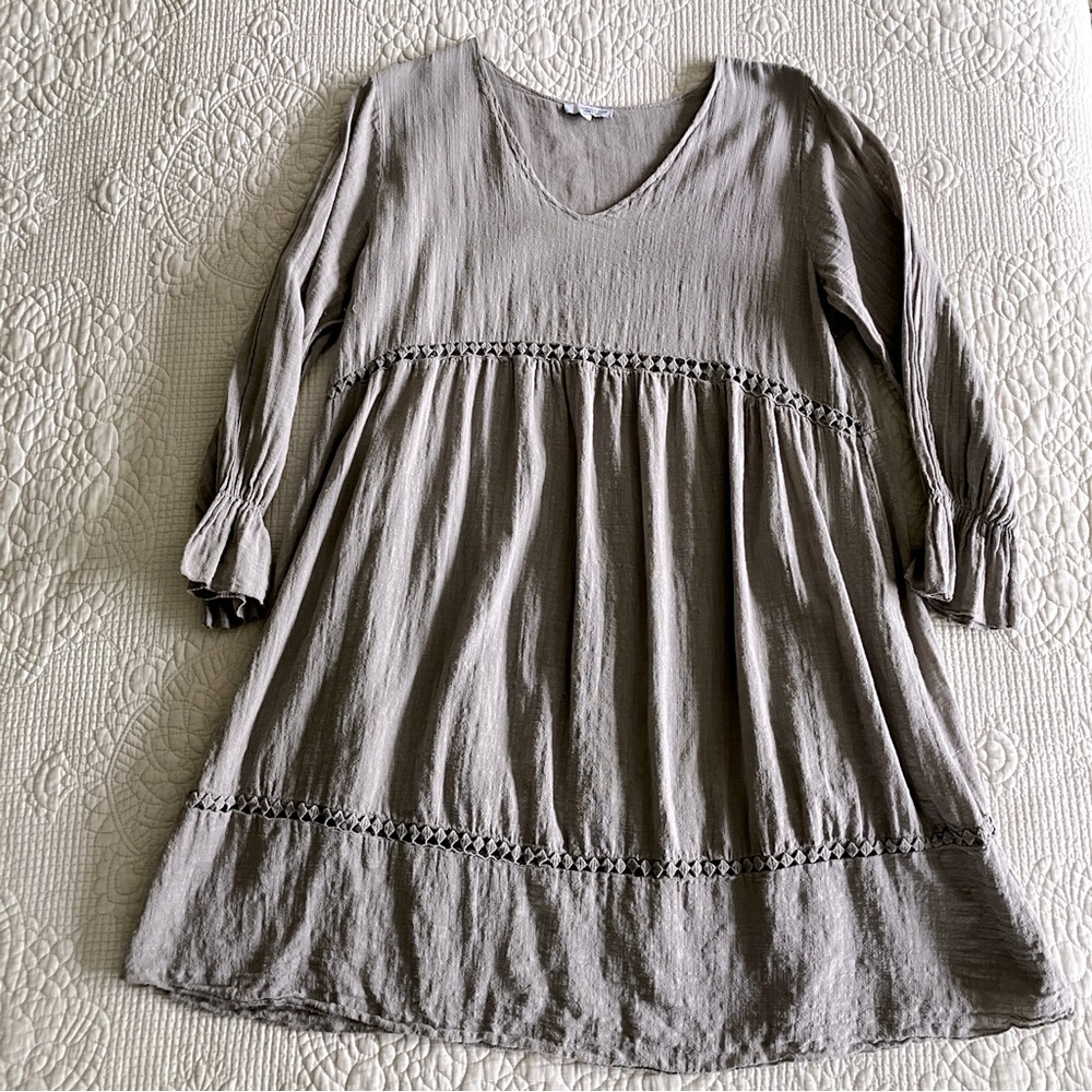 Vanessa Zani putty grey cotton boho long sleeve dress Made in Italy.